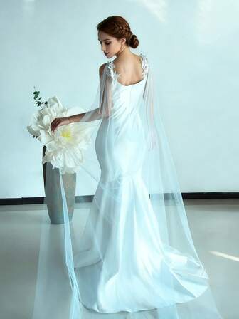 1Pc Lace Embroidered Applique Long Bridal Shawl, Suitable For Weddings, Parties, Photography Trips.