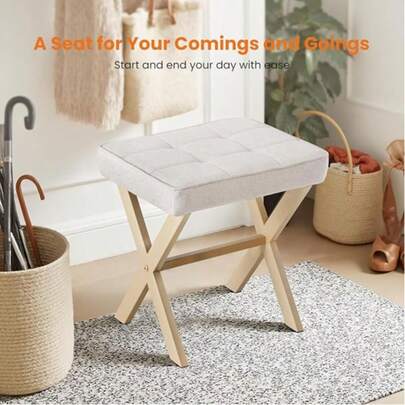 Vanity Stool, Square Linen Makeup Stool With Metal X Legs, Small Ottoman Stool Chair For Vanity, Modern Padded Vanity Seat Foot Rest Stool For Makeup Room, Living Room, Bathroom, Entryway