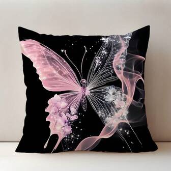 MEMNUN 1pc 17.7*17.7in (45*45cm) [Single-Sided Printing] Black & Pink Butterfly Poetic & Elegant Throw Pillow Cover, Made Of Peach Velvet Fabric, Suitable For Summer, Daily Use Or Home Decor, Living Room, Bedroom, Sofa, Art, Design, Ambiance