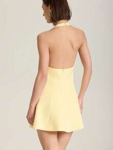 女式简约露背露背短裙，奶油黄色，夏季 - 黃色 - 查看 2