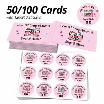 50/100 st. rosa fotokort och klistermärken, innehåller 120/240 st. klistermärken, "Snap & Share!"-text, tackkort online, 9x5,4 cm/3,5x2,1 tum kort, 3,8 cm/1,5 tum klistermärken, lämplig för webbutiker, personliga butiker, presentbutiker, hantverk, hemgjorda produkter, presentinslagning