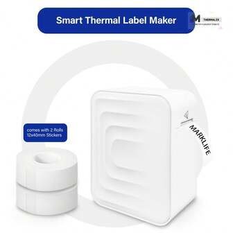 Marklife Makrlife M1 bärbar etikettskrivare, inkluderar 2 rullar etikettpapper, liten termisk skrivare, trådlös handhållen etikettskrivare, inbyggt batteri, lämplig för kök, glasburkar, kontor, skolmaterial, klassrum, storlek: 12x40mm