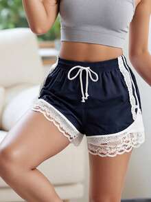 Women's Lace Trim Shorts Casual Loose Fit Stylish Drawstring Mid Rise Shorts For Summer - Blue - View 2