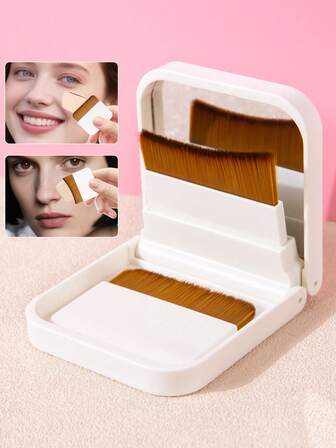 一套化妆刷套装，包含2支超细粉底刷、带镜子的化妆盒、便携式化妆收纳盒、超细纤维无痕粉底化妆工具，适用于日常、派对、旅行等各种场合的底妆，包括粉底刷、遮瑕刷、腮红刷、修容刷、古铜粉刷、散粉刷等。
