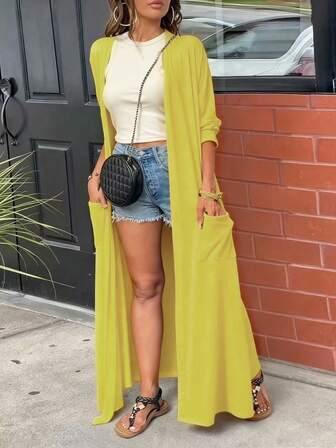 EARO Plus Size Women Casual Solid Color Dual Pocket Long Lightweight Open Front Jacket, Comfortable Daily Wear, Breathable, Flattering Fit, Spring/Autumn