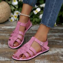 New Woven Retro Pig Cage Sandals For Women, Flat, Fashion, Versatile, Summer - Watermelon Pink - View 16
