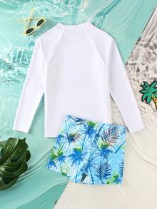 男童椰子树印花长袖短裤休闲泳衣套装