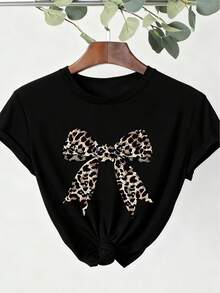 夏季上衣，女士夏季休闲圆领豹纹蝴蝶结印花黑色短袖 T 恤上衣，图案 T 恤女款