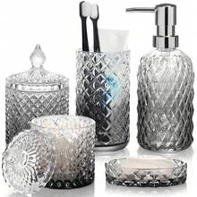 5-Piece Diamond-Cut Glass Bathroom Accessories Set, Rust-Proof Toothbrush Holder & Soap Dispenser, Tumbler & Cotton Jar, Modern Crystal Bathroom Decor - Back To School Gift For Dorm, Housewarming Gift - 彩色 - 查看 1