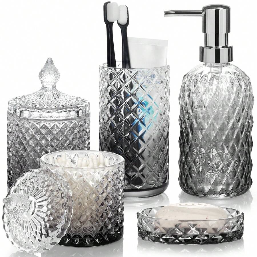 5-Piece Diamond-Cut Glass Bathroom Accessories Set, Rust-Proof Toothbrush Holder & Soap Dispenser, Tumbler & Cotton Jar, Modern Crystal Bathroom Decor - Back To School Gift For Dorm, Housewarming Gift - 彩色 - 查看 1