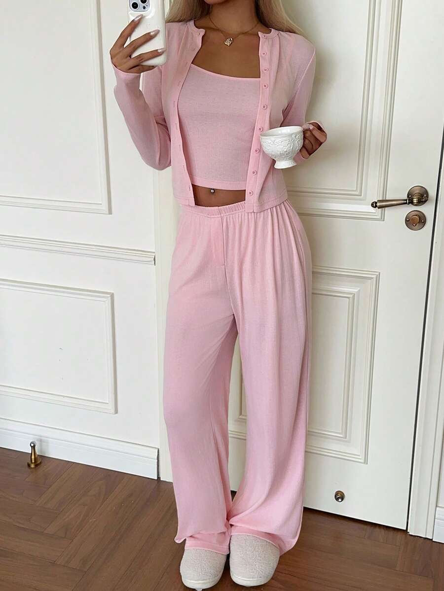 GAOVOT Women's Three Pieces Autumn/Winter Home Casual Sweet Halter Vest And Cardigan Top And Loose Wide Leg Straight Pantsuit - Pink - View 1