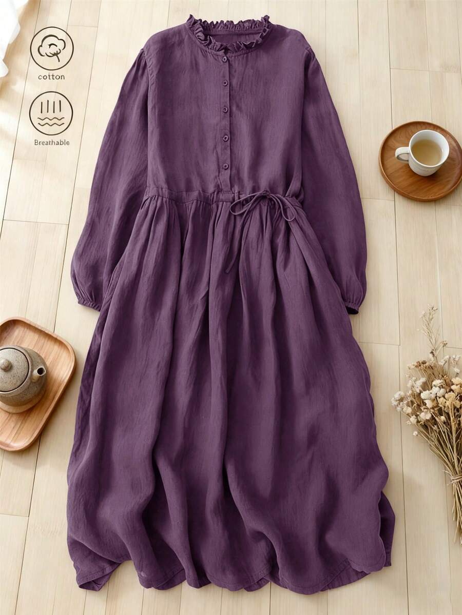 女士宽松七分袖中长连衣裙，艺术风格，秋季 - 紫色 - 查看 1