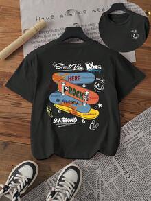 女款街头滑板图案双面印花圆领短袖T恤女款夏季上衣图案T恤 - 黑色 - 查看 1