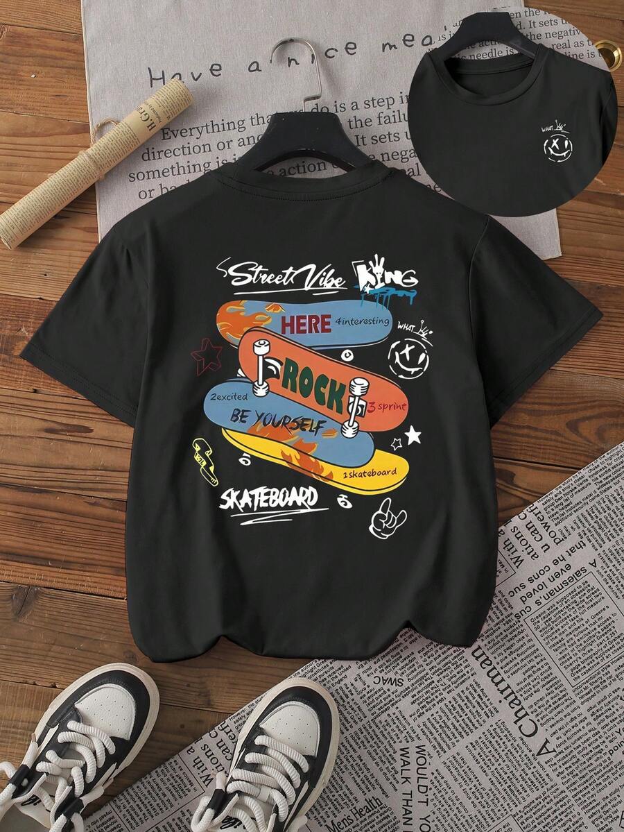 女款街头滑板图案双面印花圆领短袖T恤女款夏季上衣图案T恤 - 黑色 - 查看 1