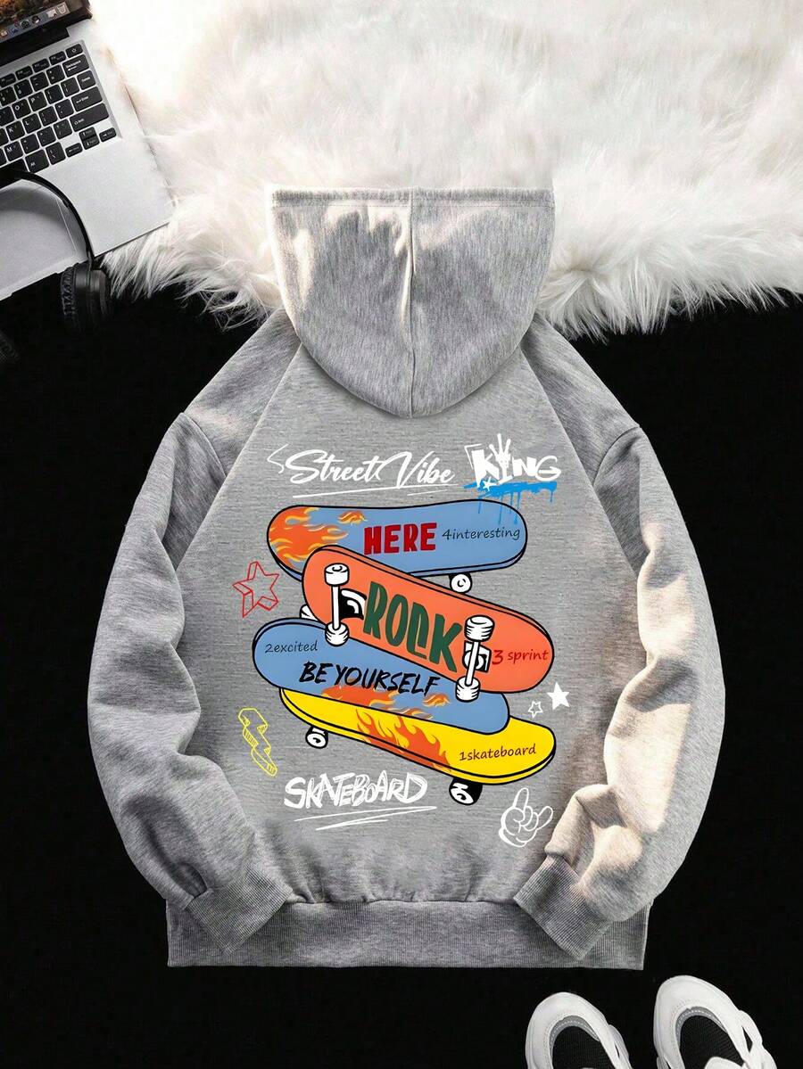 青少年男童休闲简约滑板图案运动风卫衣，长袖连帽卫衣，秋冬季学生男童服装