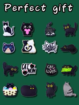 16 st fina skohängen i svart katt-serien, PVC-skodekorationer för strandväska, skotillbehörshängen, presentidé till födelsedag, jul, alla hjärtans dag, halloween-festgåvor