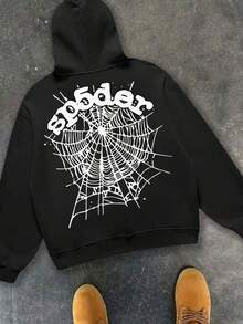 Men's Autumn And Winter Casual Spider Web Letter Print Hoodie Pullover Thick Long-Sleeve Warm Top - màu đen - Xem 2