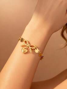 1件时尚18K镀金不锈钢心形蝴蝶结吊坠手链，日常佩戴礼物，适合送给朋友、节日和生日 - 愛心 - 查看 8