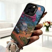 Cubierta de telefono con diseño de bosque mágico y camioneta azul color negro para iPhone 14 Pro Max estilo artístico para uso diario en cafeterias - Blanco - Ver 6