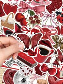 50pcs Cherry Coloured Girl Sticker Red Aesthetics Decals For Laptop Luggage Stationery Diary Phone Stickers - Multicolor - View 3