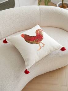 1件农舍风格小鸡刺绣亚麻抱枕套，带红色流苏，家居装饰，适用于客厅、卧室、沙发、汽车及各种环境 - 彩色 - 查看 8