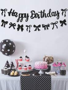 一套黑色蝴蝶结生日快乐彩带，生日派对横幅，蝴蝶结生日派对装饰，一周岁生日横幅，婴儿派对装饰，生日派对用品，蝴蝶结装饰，生日派对背景装饰，蝴蝶结派对装饰 - 黑色 - 查看 3