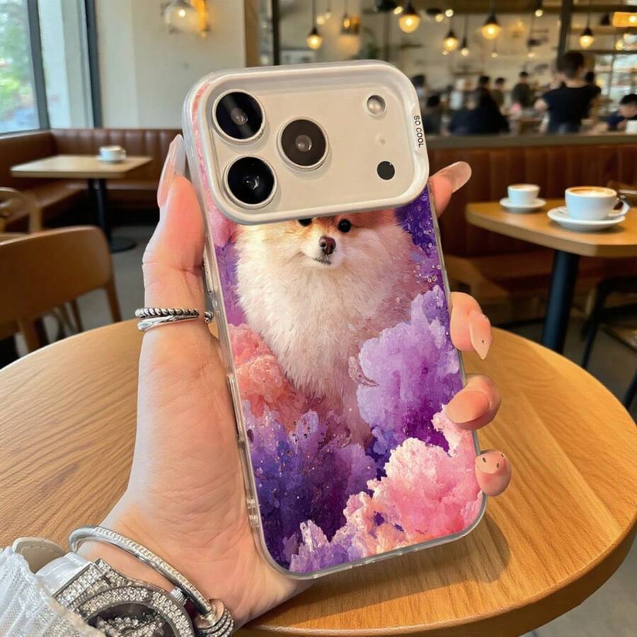 Funda de Teléfono Nubes Rosadas y Moradas con Estampado de Perro Esponjoso para iPhone 14 13 12 11 Pro Max y  Galaxy S23 S22 S21 S20 Opción de Regalo Ideal para Todas las Estaciones - Plateado - Ver 1