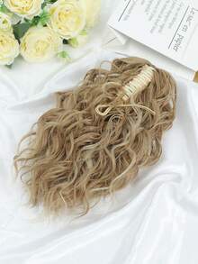 12英寸马尾辫接发，卷发，爪夹式抽绳马尾辫接发（深金色混合米色金发），女士假发片，人造纤维材质