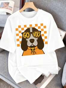 Mens Go Vols Dog Checkered TShirt Soft Cotton, Street Hip-Hop, Comfortable, Hardwearing, Art Print - White - View 2