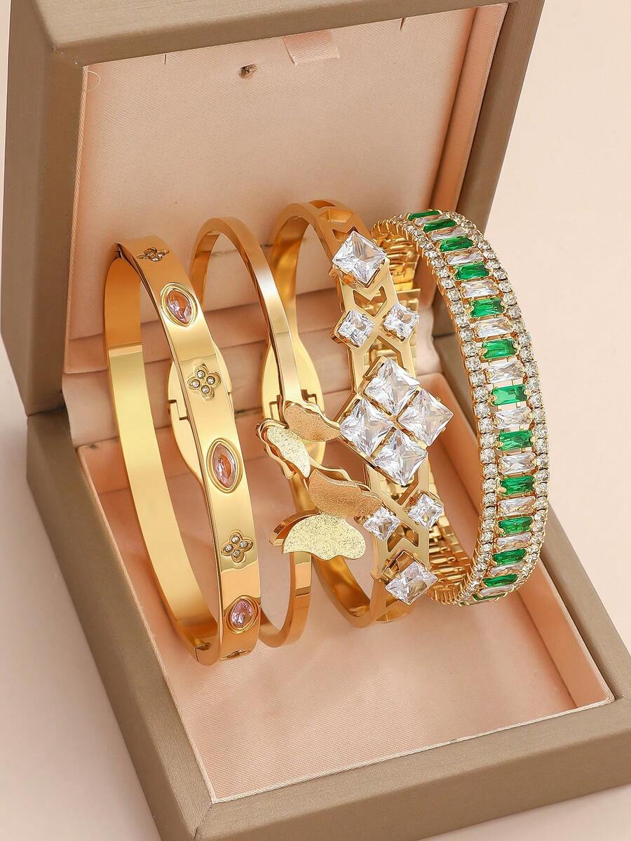 奢华黄金系列手链，多款式设计，镶嵌锆石，时尚叠戴轻盈奢华珠宝手链 - 彩色 - 查看 1