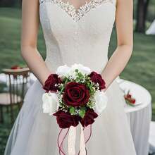 Burgundy And White Artificial Rose Bouquet, Suitable For Rustic Church Boho-Style Weddings Or As Table Decor, Also Can Be Used As A Tossing Bouquet