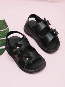 1 Pair Toddler Girls' Casual Flat Sandals, Fashion Double Flower Hook And Loop Closure Open Toe Sandals - Black - View 4