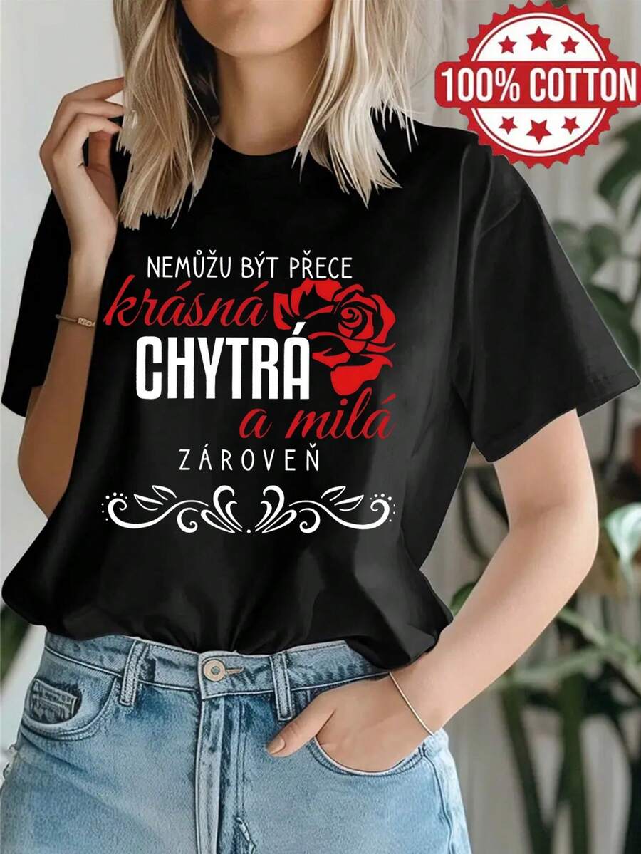 1PC 100% Cotton Beautiful Intelligent & Kind Saying with Rose Print Women's Crewneck Tshirt, Funny Slogan Graphic Tee, Daily Wear, Perfect Gift for Her, Birthday Gift, Suitable for Casual Wear, Comfy and Soft Top. - Negro - Ver 1