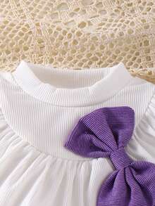 Set de 2 piezas de top acanalado con lazo y falda plisada de pana para niñas, estilo escolar elegante, para primavera/otoño - Morado - Ver 4