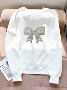 Ein schicker weißer gestrickter Pullover mit Schleife und Perlenakzenten - perfekt für Herbst/Winter oder als liebevolles Muttertagsgeschenk! - Weiss - Übersicht 4
