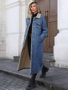 Chaqueta vaquera larga con forro térmico de moda casual para mujer, adecuada para otoño/invierno - Azul oscuro - Ver 2