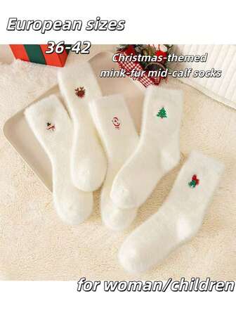 Tallas europeas 36-43, 1/5 pares de calcetines de media caña de colección de Navidad de invierno/otoño de felpa de visón, calcetines de piso cálidos y transpirables