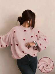 Autumn And Winter Women's Valentine's Day Cute Casual Heart-Patterned Loose-Fit Fashionable Sweater With Round Neck And Long Sleeves, Basic Sweater, Business Casual Women's Clothing, Autumn Top, Autumn Sweater, Women's Winter Clothing, Women's Autumn And Winter Clothing, Autumn Clothing