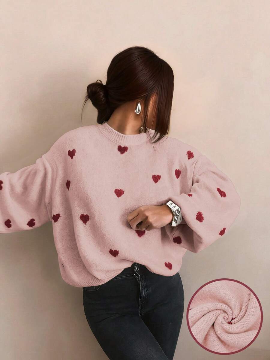 Áo len nữ dáng rộng họa tiết trái tim, cổ tròn tay dài, áo len cơ bản, trang phục công sở thường ngày, áo mùa thu, áo len mùa thu, quần áo mùa đông nữ, trang phục thu/đông nữ, trang phục mùa thu - Bụi hồng - Xem 1