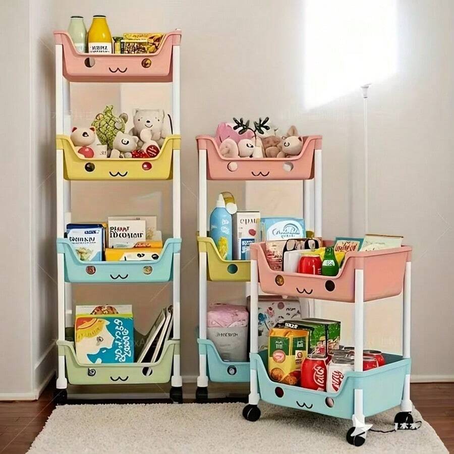 Multi Layer Storage Rack, Storage Vehicle, Non Electric, Wheeled Mobile Storage Rack, Room Deocr, Suitable For Living Room, Bedroom, Dormitory Book Storage Shelves, Bedside Carts, Book Carts, Roller Carts, Baby Stroller Storage Boxes, Kitchen Storage Boxes, Diaper Carts, Bathroom Storage Boxes, Christmas Gifts - 3 lớp màu macaron - Xem 1