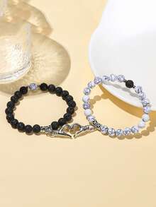 2pcs/Set Natural Volcanic Stone & Turquoise Magnetic Couple Bracelet, Fashionable Luxury Minimalist Design, Suitable For Daily Wear Or Gift - Couple Bracelet - View 3