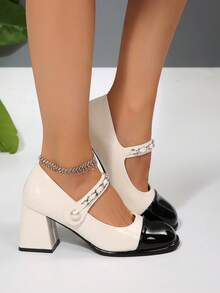 Geeyea A Pair Of Women's High Heels, Red Patent Leather Thick-Heeled Mary Jane Shoes, Chain And Pearl Buckle Decoration, Retro French Style, Suitable For Christmas Matching Shoes - Đen và trắng - Xem 6