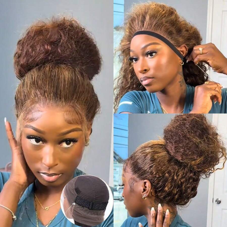 ZHENDEFA 360 Degree Lace Front Wig, Water Wave, 4/27 Ombre Highlights, High Definition Transparent 360 Degree Full Lace Front Wig, Deep Curly, Pre-Plucked, With Baby Hair, 180% Density