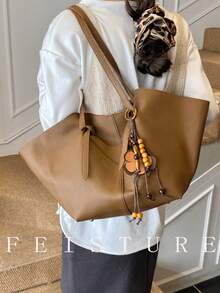 1 pieza Bolso de mano grande de unicolor FEISTURE de PU, bolso de hombro de moda con bolsillo pequeño y colgante, adecuado para salidas diarias, citas, ir al trabajo - Marrón - Ver 8