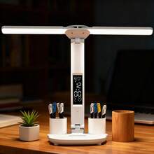 1 Paquete Lámpara de Escritorio LED Recargable USB de Doble Cabezal: Admite Regulación de Brillo de Tres Niveles (Luz Blanca - Luz Cálida - Luz Suave), Con Reloj Calendario, Protección Ocular Plegable, Adecuada Para Lectura e Iluminación Nocturna - luz blanca - Ver 3