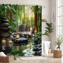1pc Tranquil Garden Pond Shower Curtain - Nature-Inspired Design With Smooth Gray Stones, Glowing White Candles &  Bamboo, Durable Polyester Fabric, Machine Washable, 70.86x70.86 Inch, Includes 12 Hooks - Perfect Housewarming Gift For  Bathroom Decor DAFS - A - 查看 5