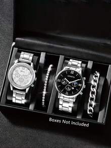 2pcs/4pcs Couple Watches Set, Men's Business Calendar Quartz Wrist Watch, Fashion Crystal Quartz Watch & Bracelet Suit, Suitable For Daily Wear, Back To School, Graduation, Thanksgiving, Couples, Best Gift. No Watch Box Included. - A - View 8