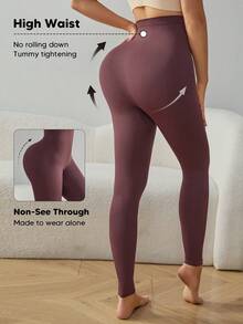 High Waist Seamless Shaping Tummy Control Slimming Leggings - Burgundy - View 2