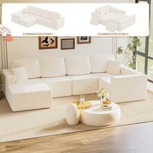 Devoko 126" U-Shape Sofa Bed With Deep Seat, Boneless Cloud Sofa With Pillows, High-Resilience Foam Corduroy  Sofa Chair For Living Room, White - 白色 - 查看 7