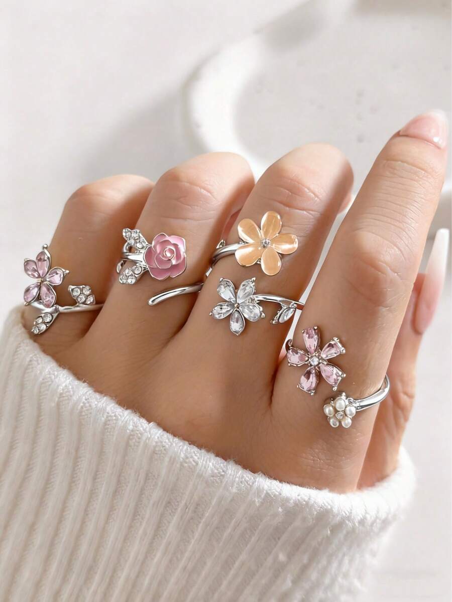 4pcs/Set Cincin Bunga Mawar Enamel Merah Muda Romantis, Mutiara Imitasi & Berlian Imitasi, Set Cincin Bunga 5 Kelopak untuk Wanita - Perak - View 1